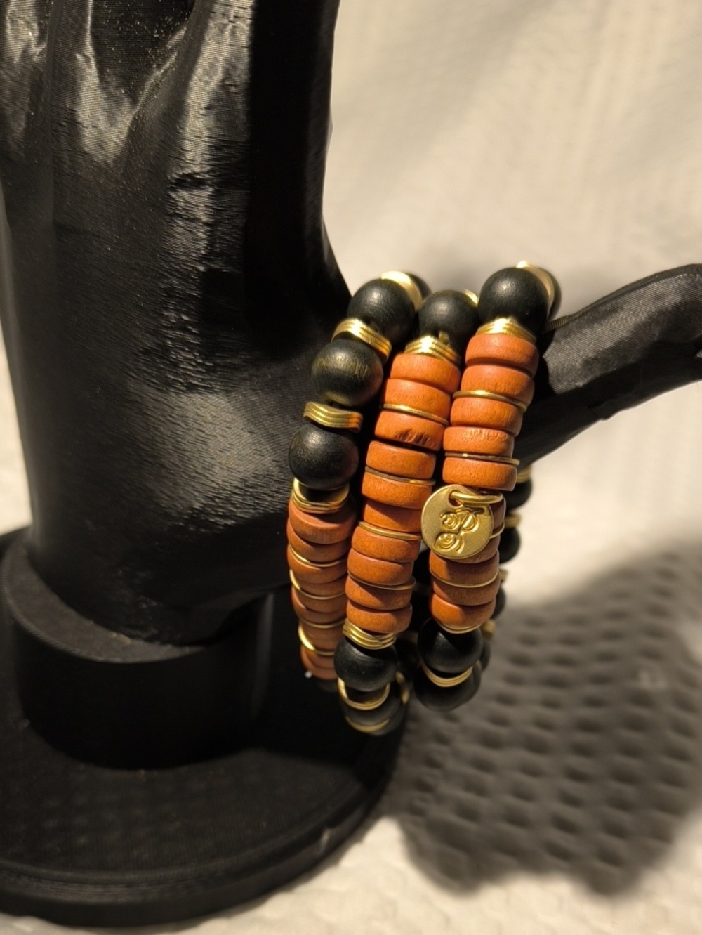 Plundrr Beaded Coil Bracelet Stack with Black, Tan & Gold Accents 3 Bracelets